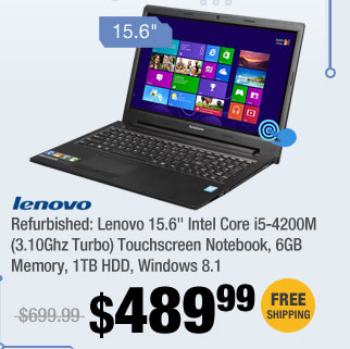 Refurbished: Lenovo 15.6" Intel Core i5-4200M (3.10Ghz Turbo) Touchscreen Notebook, 6GB Memory, 1TB HDD, Windows 8.1 