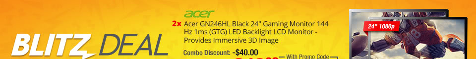 Combo: 2X- Acer GN246HL Black 24" Gaming Monitor 144 Hz 1ms (GTG) LED Backlight LCD Monitor - Provides Immersive 3D Image