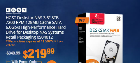 HGST Deskstar NAS 3.5" 8TB 7200 RPM 128MB Cache SATA 6.0Gb/s High-Performance Hard Drive for Desktop NAS Systems Retail Packaging 0S04012