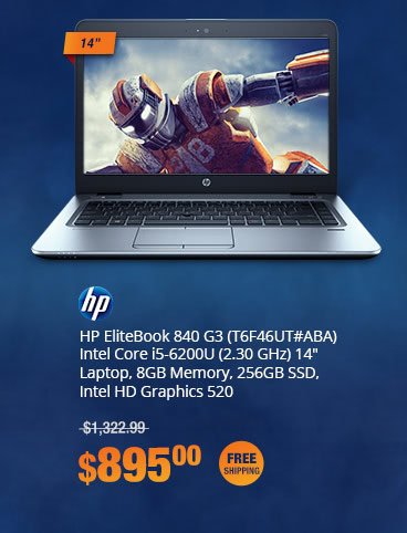 HP EliteBook 840 G3 (T6F46UT#ABA) Intel Core i5-6200U (2.30 GHz) 14" Laptop, 8GB Memory, 256GB SSD, Intel HD Graphics 520