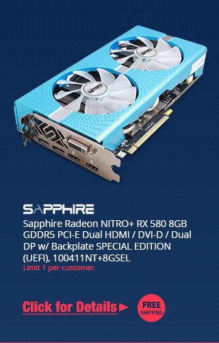Sapphire Radeon NITRO+ RX 580 8GB GDDR5 PCI-E Dual HDMI / DVI-D / Dual DP w/ Backplate SPECIAL EDITION (UEFI), 100411NT+8GSEL