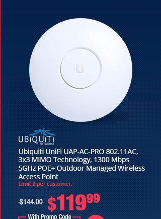 Ubiquiti UniFi UAP-AC-PRO 802.11AC, 3x3 MIMO Technology, 1300 Mbps 5GHz POE+ Outdoor Managed Wireless Access Point