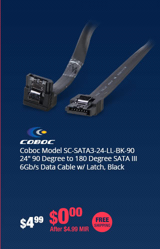 Coboc Model SC-SATA3-24-LL-BK-90 24" 90 Degree to 180 Degree SATA III 6Gb/s Data Cable w/ Latch, Black