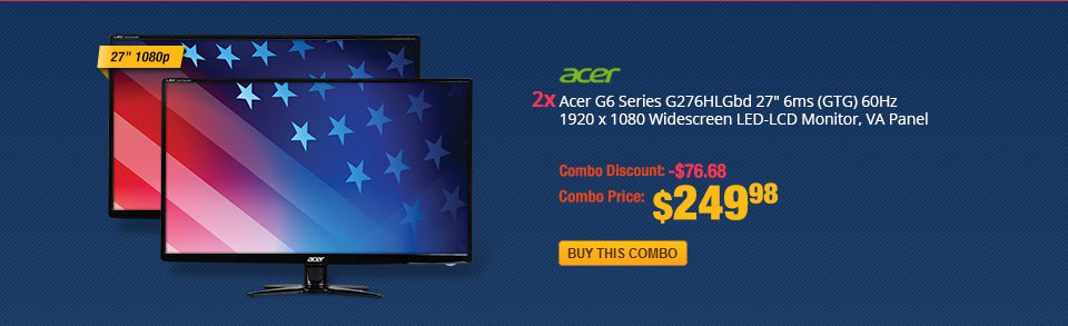 Combo: 2x - Acer G6 Series G276HLGbd 27" 6ms (GTG) 60Hz 1920 x 1080 Widescreen LED-LCD Monitor, VA Panel