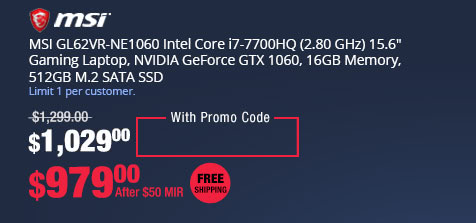 MSI GL62VR-NE1060 Intel Core i7-7700HQ (2.80 GHz) 15.6" Gaming Laptop, NVIDIA GeForce GTX 1060, 16GB Memory, 512GB M.2 SATA SSD