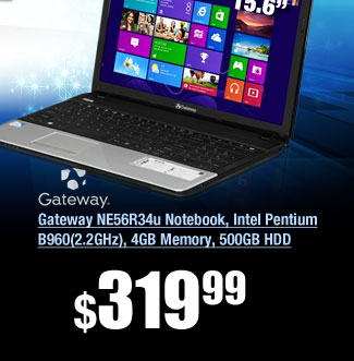 Gateway NE56R34u Notebook, Intel Pentium B960(2.2GHz), 4GB Memory, 500GB HDD