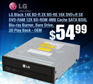 LG Black 14X BD-R 2X BD-RE 16X DVD+R 5X DVD-RAM 12X BD-ROM 4MB Cache SATA BDXL Blu-ray Burner, Bare Drive, 3D Play Back - OEM