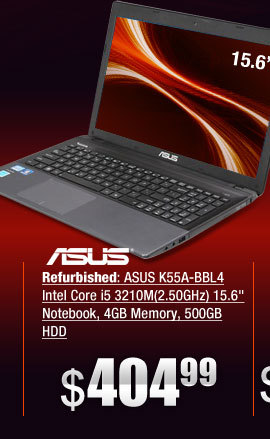 Refurbished: ASUS K55A-BBL4 Intel Core i5 3210M(2.50GHz) 15.6 inch Notebook, 4GB Memory, 500GB HDD