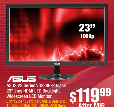 ASUS VS Series VS238H-P Black 23 inch 2ms HDMI LED Backlight Widescreen LCD Monitor