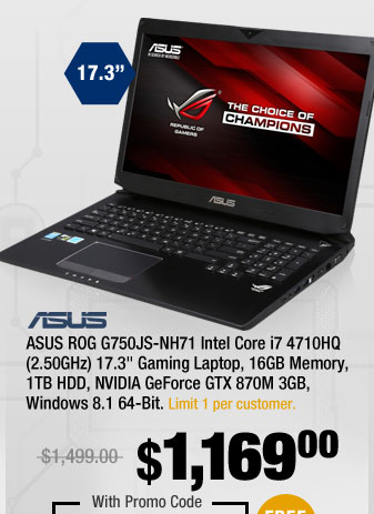 ASUS ROG G750JS-NH71 Intel Core i7 4710HQ (2.50GHz) 17.3" Gaming Laptop, 16GB Memory, 1TB HDD, NVIDIA GeForce GTX 870M 3GB, Windows 8.1 64-Bit