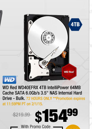 WD Red WD40EFRX 4TB IntelliPower 64MB Cache SATA 6.0Gb/s 3.5" NAS Internal Hard Drive - Bulk