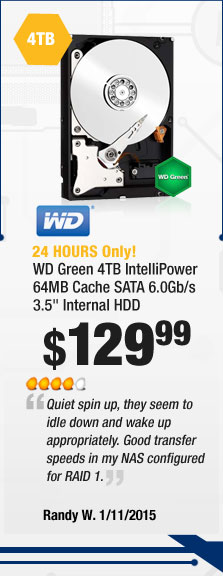 24 HOURS ONLY! WD Green 4TB IntelliPower 64MB Cache SATA 6.0Gb/s 3.5" Internal HDD. $129.99