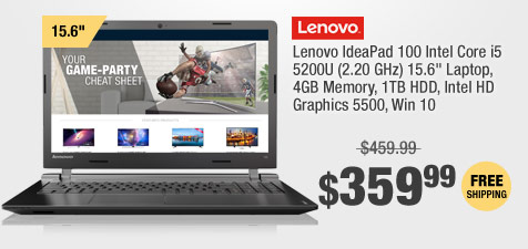 Lenovo IdeaPad 100 Intel Core i5 5200U (2.20 GHz) 15.6" Laptop, 4GB Memory, 1TB HDD, Intel HD Graphics 5500, Win 10