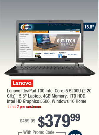 Lenovo Laptop IdeaPad 100 Intel Core i5 5200U (2.20 GHz), 4 GB RAM, 15.6", 1 TB HDD, Intel HD Graphics 550