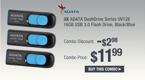 3X - ADATA DashDrive Series UV128 16GB USB 3.0 Flash Drive, Black/Blue