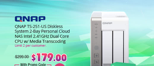 QNAP TS-251-US Diskless System 2-Bay Personal Cloud NAS Intel 2.41GHz Dual Core CPU w/ Media Transcoding