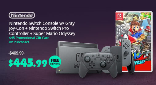 Nintendo Switch Console w/ Gray Joy-Con + Nintendo Switch Pro Controller + Super Mario Odyssey