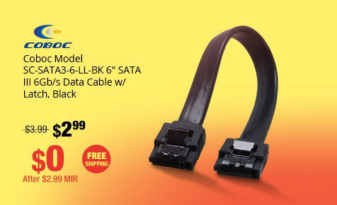 Coboc Model SC-SATA3-6-LL-BK 6" SATA III 6Gb/s Data Cable w/ Latch, Black
