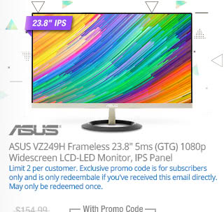 ASUS VZ249H Frameless 23.8" 5ms (GTG) 1080p Widescreen LCD-LED Monitor, w/ Eye Care Feature and Flicker Free Technology, IPS Panel