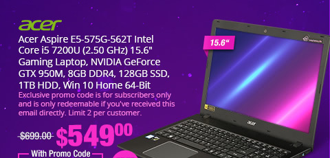 Acer Aspire E5-575G-562T Intel Core i5 7200U (2.50 GHz) 15.6" Gaming Laptop, NVIDIA GeForce GTX 950M, 8GB DDR4, 128GB SSD, 1TB HDD, Win 10 Home 64-Bit