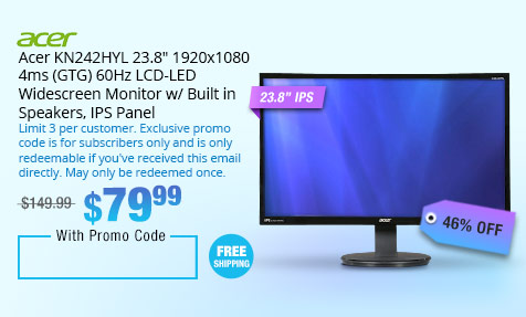 Acer KN242HYL 23.8" 1920x1080 4ms (GTG) 60Hz LCD-LED Widescreen Monitor w/ Built in Speakers, IPS Panel