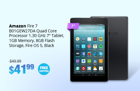 Amazon Fire 7 B01GEW27DA Quad Core Processor 1.30 GHz 7" Tablet PC, 1GB Memory, 8GB Flash Storage, Fire OS 5, Black