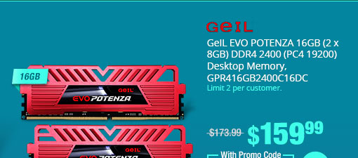 GeIL EVO POTENZA 16GB (2 x 8GB) DDR4 2400 (PC4 19200) Desktop Memory, GPR416GB2400C16DC