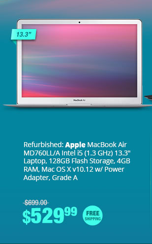 Refurbished: Apple MacBook Air MD760LL/A Intel i5 (1.3 GHz) 13.3" Laptop, 128GB Flash Storage, 4GB RAM, Mac OS X v10.12 w/ Power Adapter, Grade A
