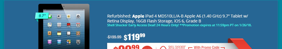 Refurbished: Apple iPad 4 MD510LL/A-B Apple A6 (1.40 GHz) 9.7" Tablet w/ Retina Display, 16GB Flash Storage, iOS 6, Grade B