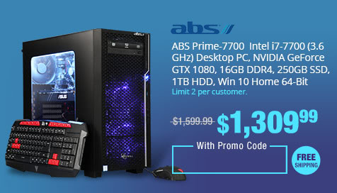 ABS Prime-7700 Intel i7-7700 (3.6 GHz) Desktop PC, NVIDIA GeForce GTX 1080, 16GB DDR4, 250GB SSD, 1TB HDD, Win 10 Home 64-Bit