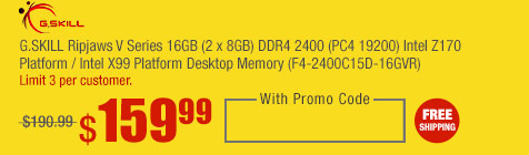 G.SKILL Ripjaws V Series 16GB (2 x 8GB) DDR4 2400 (PC4 19200) Intel Z170 Platform / Intel X99 Platform Desktop Memory (F4-2400C15D-16GVR)