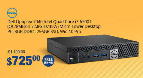 Dell Optiplex 7040 Intel Quad Core i7-6700T (QC/8MB/8T /2.8GHz/35W) Micro Tower Desktop PC, 8GB DDR4, 256GB SSD, Win 10 Pro
