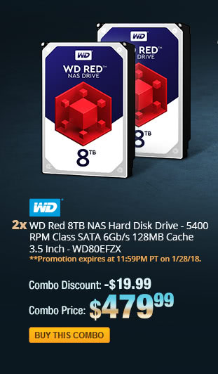 Combo: 2x - WD Red 8TB NAS Hard Disk Drive - 5400 RPM Class SATA 6Gb/s 128MB Cache 3.5 Inch - WD80EFZX