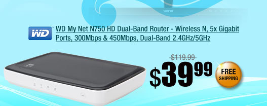 WD My Net N750 HD Dual-Band Router - Wireless N, 5x Gigabit Ports, 300Mbps & 450Mbps, Dual-Band 2.4GHz/5GHz