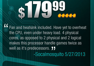 Fan and heatsink included. Have yet to overheat the CPU, even under heavy load. 4 physical cores, as opposed to 2 physical and 2 logical makes this processor handle games twice as well as it’s predecessors. -Socalmosquito 5/27/2013