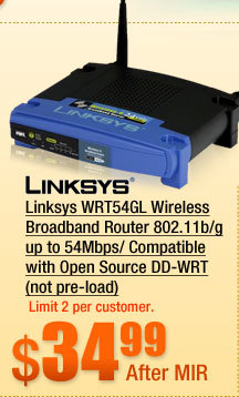 Linksys WRT54GL Wireless Broadband Router 802.11b/g up to 54Mbps/ Compatible with Open Source DD-WRT (not pre-load)