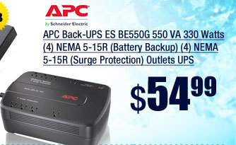 APC Back-UPS ES BE550G 550 VA 330 Watts (4) NEMA 5-15R (Battery Backup) (4) NEMA 5-15R (Surge Protection) Outlets UPS