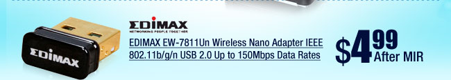 EDIMAX EW-7811Un Wireless Nano Adapter IEEE 802.11b/g/n USB 2.0 Up to 150Mbps Data Rates