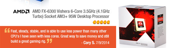 AMD FX-6300 Vishera 6-Core 3.5GHz (4.1GHz Turbo) Socket AM3+ 95W Desktop Processor. Fast, steady, stable, and is able to use less power than many other CPU's I have seen with less cores. Great way to save money and still build a great gaming rig. Cory S. 7/9/2014