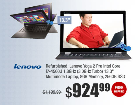 Refurbished: Lenovo Yoga 2 Pro Intel Core i7-4500U 1.8GHz (3.0GHz Turbo)13.3" Multimode Laptop, 8GB Memory, 256GB SSD