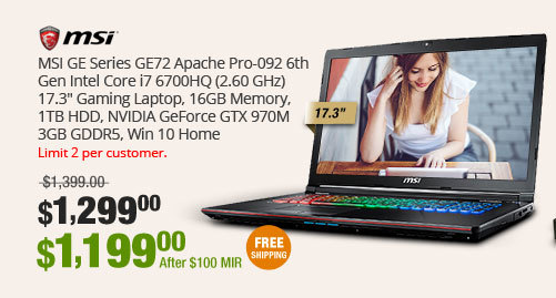 MSI GE Series GE72 Apache Pro-092 6th Gen Intel Core i7 6700HQ (2.60 GHz) 17.3" Gaming Laptop, 16GB Memory, 1TB HDD, NVIDIA GeForce GTX 970M 3GB GDDR5, Win 10 Home