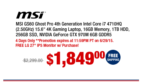 MSI GS60 Ghost Pro 4th Generation Intel Core i7 4710HQ (2.50GHz) 15.6" 4K Gaming Laptop, 16GB Memory, 1TB HDD, 256GB SSD, NVIDIA GeForce GTX 970M 6GB GDDR5
