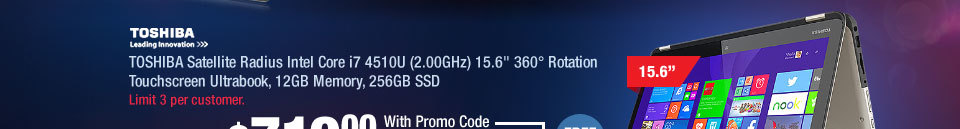 TOSHIBA Satellite Radius Intel Core i7 4510U (2.00GHz) 15.6" 360° Rotation Touchscreen Ultrabook, 12GB Memory, 256GB SSD 