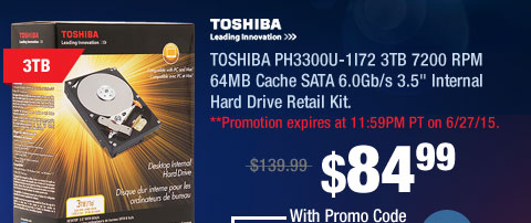 TOSHIBA PH3300U-1I72 3TB 7200 RPM 64MB Cache SATA 6.0Gb/s 3.5" Internal Hard Drive Retail Kit