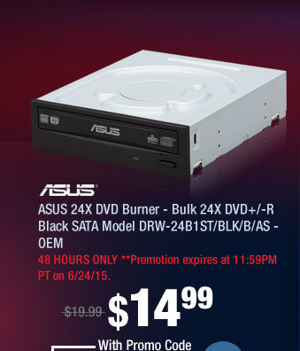 ASUS 24X DVD Burner - Bulk 24X DVD+/-R Black SATA Model DRW-24B1ST/BLK/B/AS - OEM