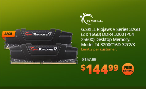 G.SKILL Ripjaws V Series 32GB (2 x 16GB) DDR4 3200 (PC4 25600) Desktop Memory, Model F4-3200C16D-32GVK