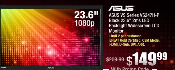 ASUS VS Series VS247H-P Black 23.6 inch 2ms LED Backlight Widescreen LCD Monitor