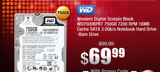Western Digital Scorpio Black WD7500BPKT 750GB 7200 RPM 16MB Cache SATA 3.0Gb/s Notebook Hard Drive -Bare Drive 