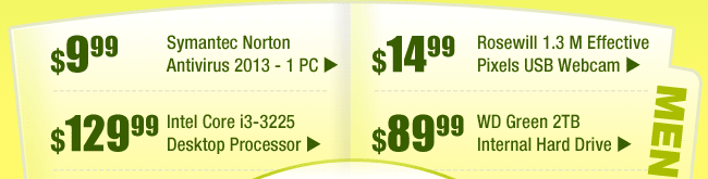 MENU: 
$9.99 -- Symantec Norton Antivirus 2013 - 1 PC 
$14.99 -- Rosewill 1.3 M Effective Pixels USB Webcam 
$129.99 -- Intel Core i3-3225 Desktop Processor 
$89.99 -- WD Green 2TB Internal Hard Drive