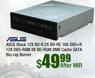 ASUS Black 12X BD-R 2X BD-RE 16X DVD+R 12X DVD-RAM 8X BD-ROM 8MB Cache SATA Blu-ray Burner 